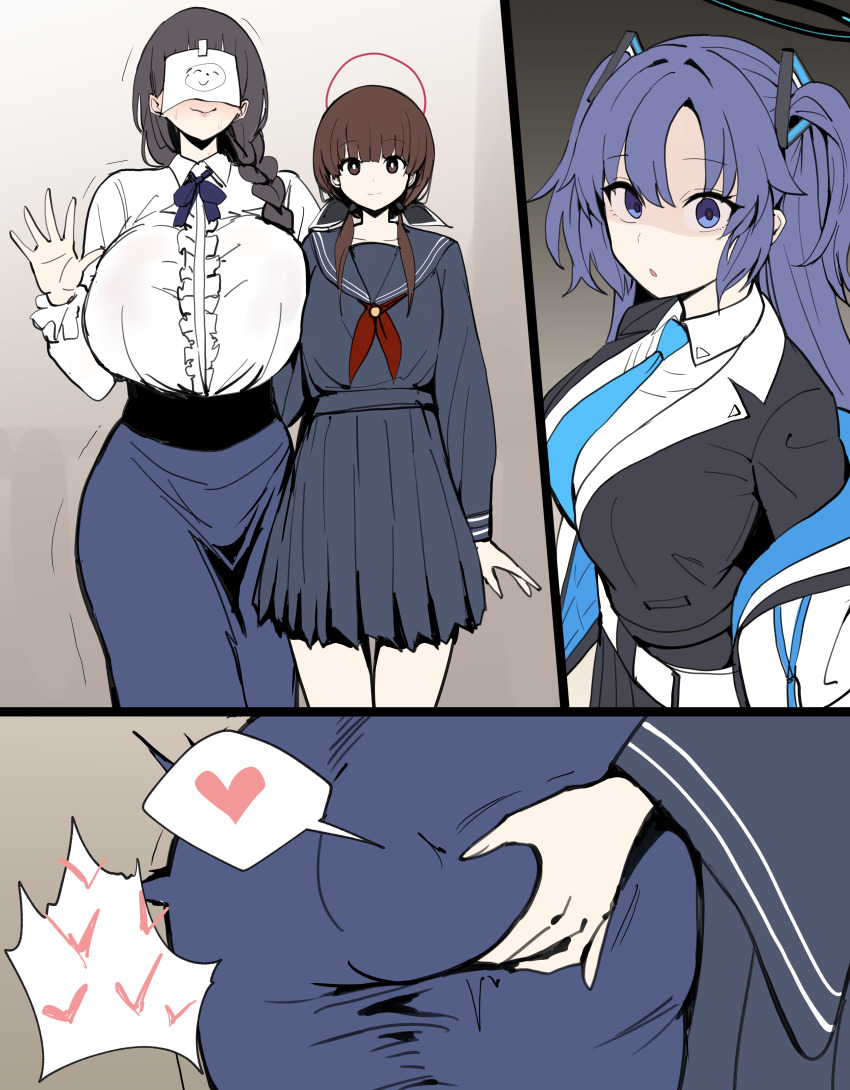 3girls absurdres ass black_hair blue_archive blush breasts brown_hair embarrassed female_sensei_(blue_archive) grabbing_another&#039;s_ass groping heart highres huge_breasts long_hair looking_at_viewer multiple_girls netorare ohitome_kohane project_kv school_uniform sensei_(blue_archive) smile speech_bubble stealth_ass_grab sweat twintails xipa yuri yuuka_(blue_archive)