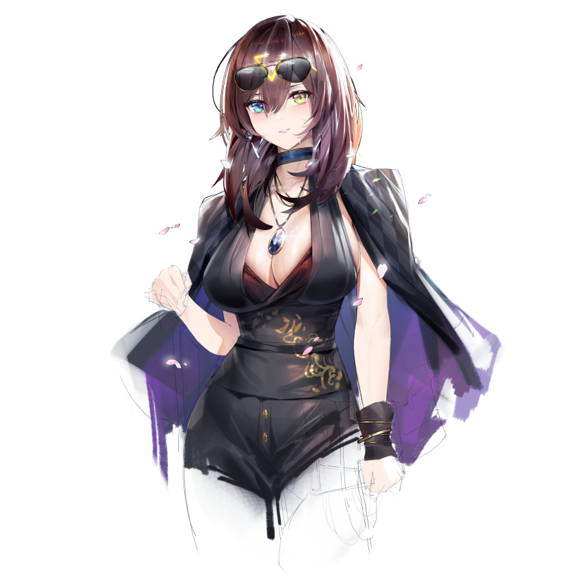 1girl absurdres azur_lane black_choker black_dress black_hair black_jacket black_shirt blue_eyes blush breasts choker cleavage dress earrings eyewear_on_head georgia_(azur_lane) georgia_(south_town_pearl)_(azur_lane) hair_ornament hairclip highres jacket jacket_over_shoulder unworn_jacket jewelry large_breasts light_smile medium_hair najiu_jiao_xiaolan_ba necklace official_alternate_costume shirt solo sunglasses white_background yellow_eyes