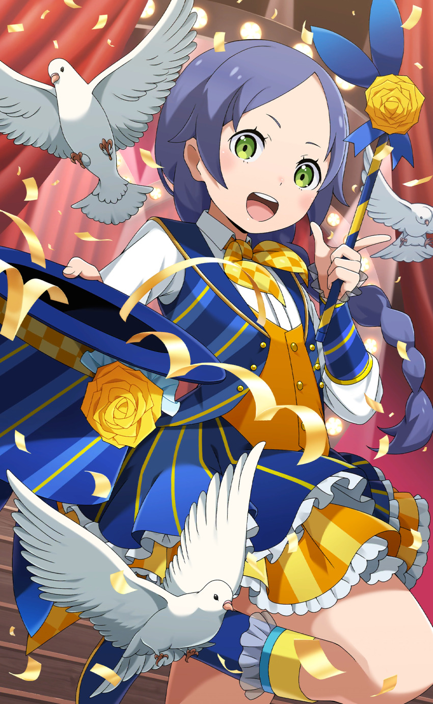 1girl :d alternate_costume bird blue_hair braid braided_ponytail confetti creature dove flower forehead frilled_skirt frilled_sleeves frills green_eyes hat hat_flower highres holding holding_wand long_hair long_sleeves looking_at_viewer low-tied_long_hair low_ponytail meili_portroute multicolored_skirt non-web_source official_alternate_costume official_art open_mouth parted_bangs ponytail re:zero_kara_hajimeru_isekai_seikatsu re:zero_kara_hajimeru_isekai_seikatsu:_lost_in_memories rose single_braid skirt smile solo standing standing_on_one_leg teeth top_hat upper_teeth_only wand yellow_flower yellow_rose