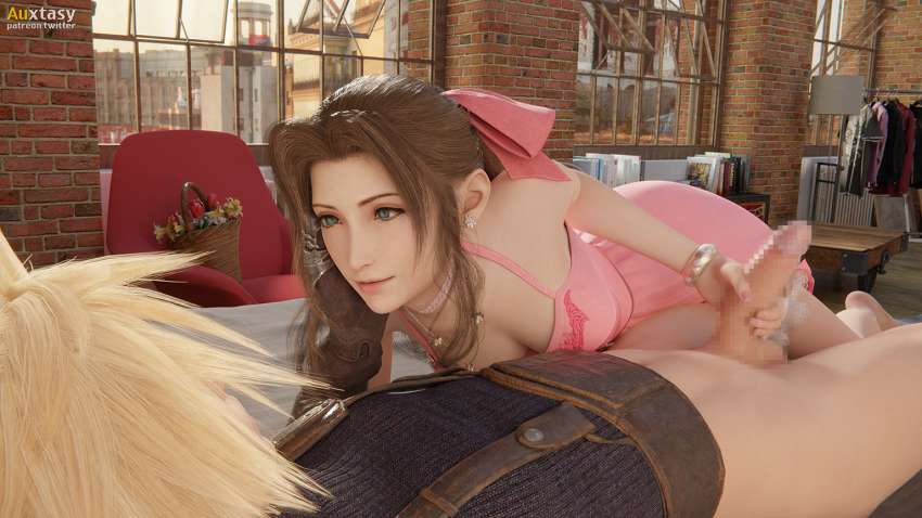 1boy 1girl 3d abs aerith_gainsborough auxtasy bare_legs barefoot bed bed_sheet bedroom belt blonde_hair blue_shirt bookshelf bow bracelet breasts brick_wall brown_hair censored chair choker cleavage clothes_rack cloud_strife dress earrings final_fantasy final_fantasy_vii final_fantasy_vii_remake flower_basket green_eyes hair_bow hair_ribbon handjob hetero jewelry long_hair medium_breasts necklace penis pink_dress pink_ribbon pixelated ponytail ribbon shirt square_enix suspenders wall_market wavy_hair window
