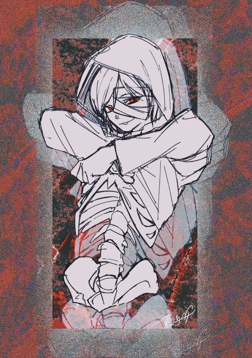 1girl exposed_bone hands_up heroine_(homicipher) highres homicipher hood hood_up lifting_own_clothes looking_at_viewer nanchengxiaoyeer pelvis raincoat red_eyes ribs short_hair solo upper_body