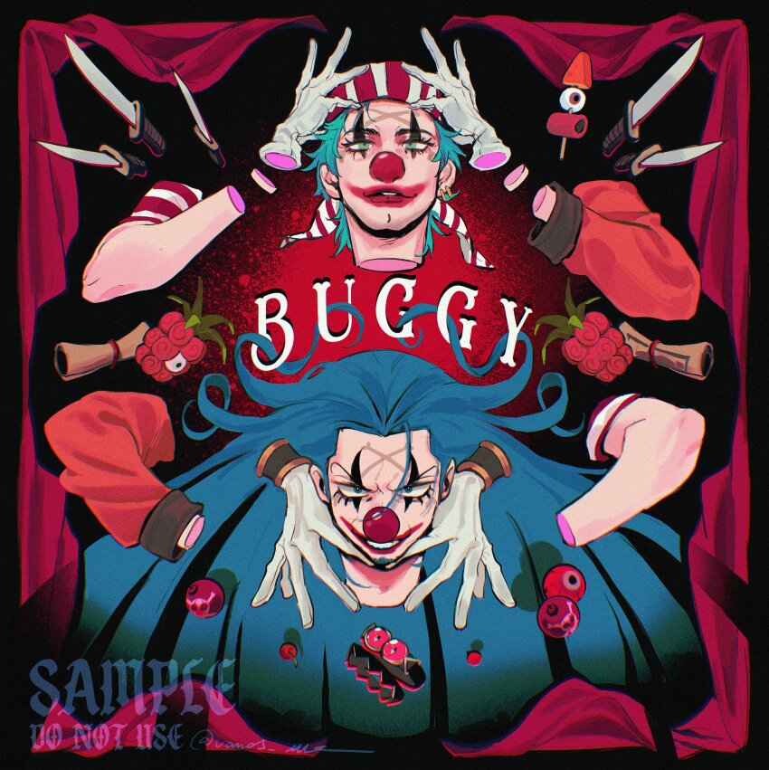 2boys absurdres blue_eyes buggy_the_clown character_name cleft_chin clown_nose curtains devil_fruit disembodied_hand dual_persona facepaint facial_hair food goatee green_eyes grin highres knife long_hair male_focus map multiple_boys oden one_piece one_piece_(live_action) sample_watermark smile stage_curtains vamos_mk watermark
