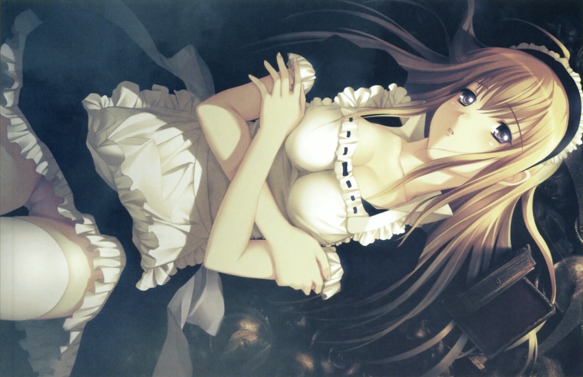 1girl anna_(gekkou_no_carnevale) blonde_hair breasts cameltoe cleavage crossed_arms female_focus frills gekkou_no_carnevale hairband highres large_breasts long_hair lying maid maid_headdress nitroplus oosaki_shin&#039;ya panties pink_panties purple_eyes solo thighhighs underwear white_thighhighs zettai_ryouiki