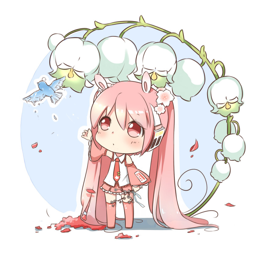 1girl absurdly_long_hair alternate_color animal_ears bellflower bird chibi collared_shirt detached_sleeves female_focus flower hair_flower hair_ornament hand_up hatsune_miku headphones highres kexi_shi_ge_hentai kneehighs lily_of_the_valley long_hair necktie original petals pink_eyes pink_hair rabbit_ears sakura_miku shirt skirt socks solo tie_clip twintails very_long_hair vocaloid