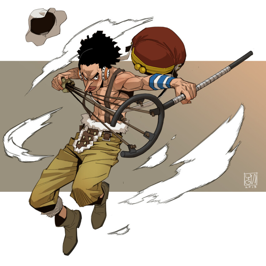 1boy black_hair boots brown_bag brown_boots brown_pants drawing_slingshot facial_hair fur-trimmed_pants fur_trim goatee hat headphones highres holding holding_weapon long_nose male_focus one_piece pants signature solo suspenders toned toned_male unworn_hat unworn_headwear usopp v-shaped_eyebrows weapon wristband yungun