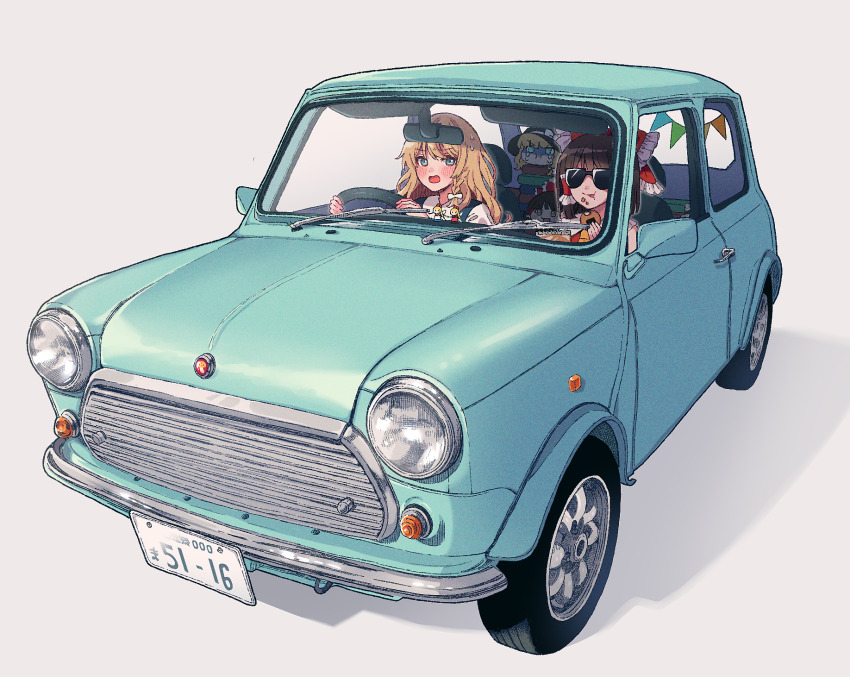 4girls aqua_car ascot blonde_hair blue_car blush book bow braid brown_hair car crumbs crying driving eating frilled_hair_tubes frills hair_bow hair_tubes hakurei_reimu hat highres hourai_doll kirisame_marisa license_plate medium_hair mini_cooper motor_vehicle multiple_girls multiple_hair_bows open_mouth pout right-hand_drive shanghai_doll short_hair single_braid steering_wheel sunglasses sweatdrop touhou touya_(konpekitou) vehicle_focus witch_hat yellow_ascot yukkuri_shiteitte_ne