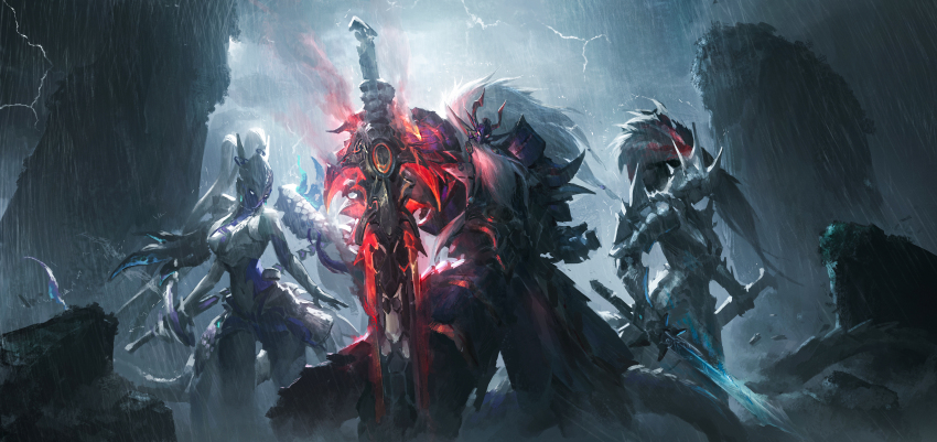 1girl 2boys absurdres armor artist_name artist_request beard cloud cloudy cloudy_sky covered_eyes dragon dragon_girl dragon_tail duel_monster facial_hair glowing glowing_eyes helmet helmet_over_eyes highres holding holding_sword holding_weapon huge_sword large_sword long_hair mountain mountainous_horizon multiple_boys raging_storm rain red_hair rock sky storm storm_attacker storm_cloud sword swordsoul_of_mo_ye swordsoul_of_taia swordsoul_supreme_sovereign_-_chengying tail thunder very_long_hair weapon white_hair yu-gi-oh! yu-gi-oh!_duel_monsters
