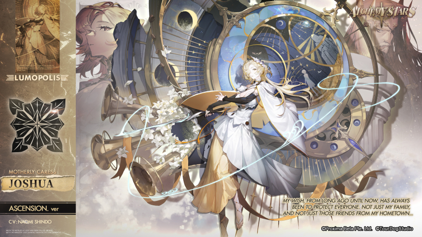 alchemy_stars blonde_hair breasts cape choker cleavage dress eyepatch flower hair_over_one_eye highres holding holding_weapon instrument joshua_(alchemy_stars) large_breasts official_art promotional_art schwartz_(alchemy_stars) trombone weapon