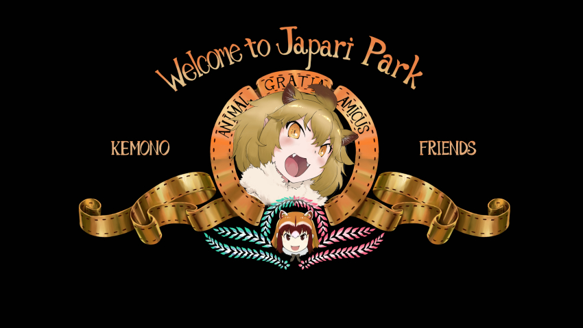 10s 2girls animal_ears bad_id bad_twitter_id black_background brown_hair common_raccoon_(kemono_friends) copyright_name fangs fur_collar highres kemono_friends latin_text lion_(kemono_friends) lion_ears looking_at_viewer metro-goldwyn-mayer multiple_girls open_mouth parody raccoon_ears ranguage roaring simple_background siva_ryo slit_pupils yellow_eyes
