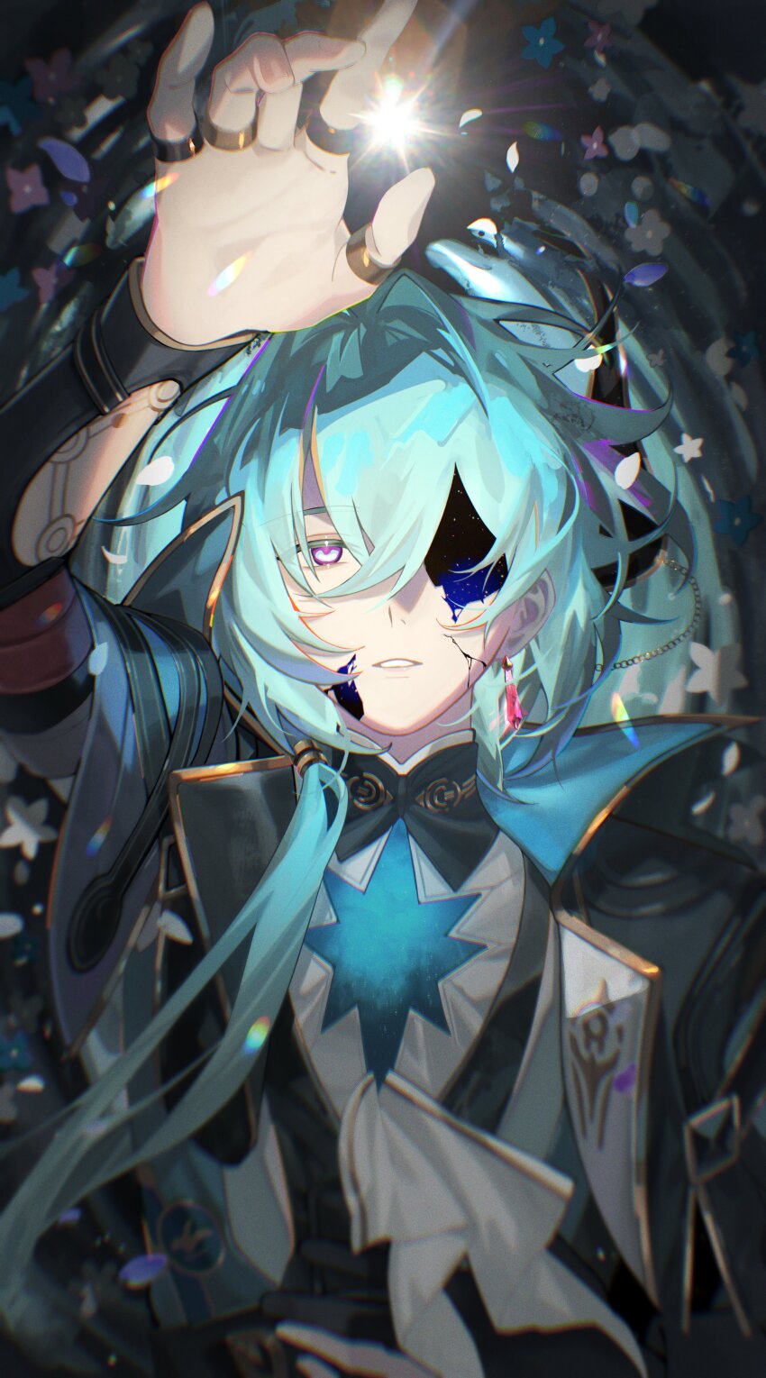 1boy absurdres anaxa_(honkai:_star_rail) aqua_hair arm_up ascot black_jacket blue_eyes cracked_skin hair_between_eyes highres honkai:_star_rail honkai_(series) jacket jewelry male_focus medium_hair multicolored_eyes multiple_rings parted_lips pink_eyes pink_pupils ring shirt side_ponytail sigm solo teeth two-tone_eyes upper_body white_ascot white_shirt
