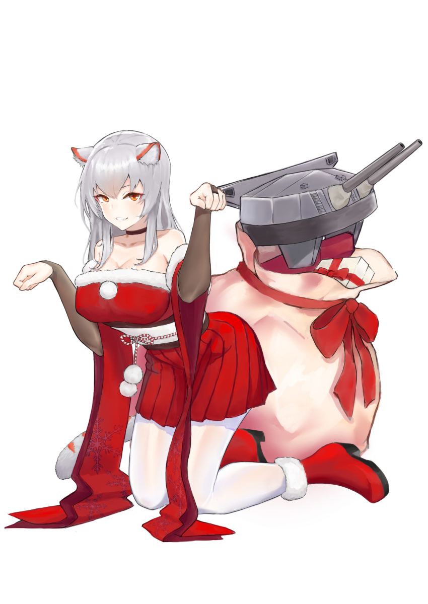 1girl absurdres animal_ear_fluff animal_ears azur_lane bag bare_shoulders black_choker black_gloves boots breasts bridal_gauntlets cannon cat_ears cat_tail choker christmas cleavage collarbone commentary_request covered_erect_nipples elbow_gloves female_focus full_body gift gloves grin hakama hakama_short_skirt hakama_skirt highres hyuuga_(azur_lane) japanese_clothes kneeling kunitaki_kazuki large_breasts leaning_forward long_hair looking_at_viewer obi orange_eyes pantyhose paw_pose red_boots red_ribbon ribbon santa_costume sash sidelocks simple_background skirt smile solo tail teeth white_background white_hair white_pantyhose wide_sleeves