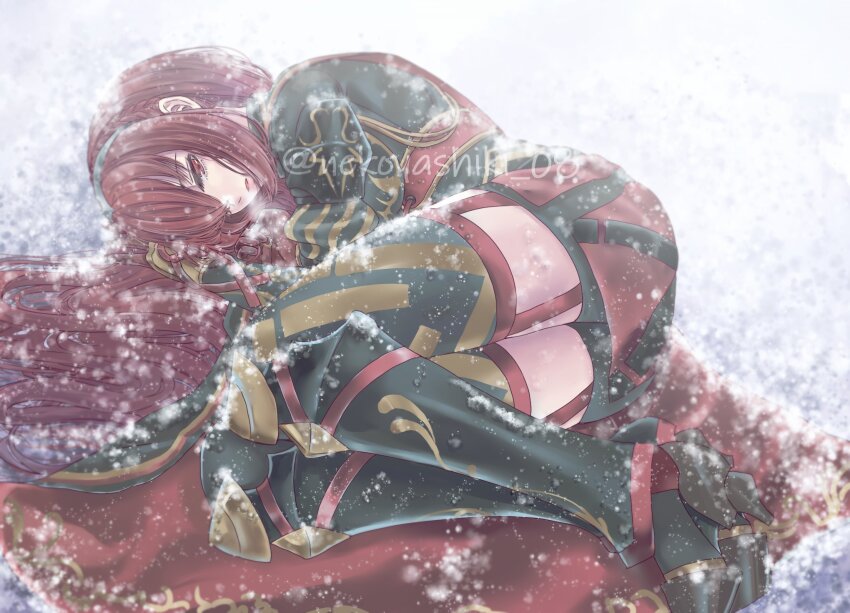 1girl braid breasts crown_braid female_alear_(fell_dragon)_(fire_emblem) female_alear_(fire_emblem) female_alear_(red_days_past)_(fire_emblem) fire_emblem fire_emblem_engage hair_between_eyes high_heels highres long_hair long_sleeves medium_breasts nekoyashiki_08 nintendo official_alternate_hair_color red_eyes red_hair snow solo tiara very_long_hair