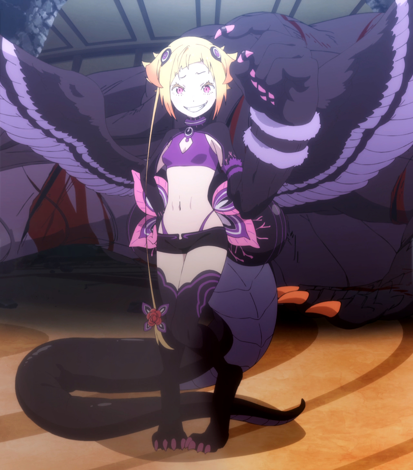 1girl absurdres anime_screenshot black_feathers black_thighhighs black_wings blonde_hair blood breasts capella_emerada_lugnica clawed_feet claws cleavage_cutout clothing_cutout dragon_girl dragon_tail fangs feathered_wings feathers giant_hand grin hair_ornament hand_on_own_hip highleg highleg_panties highres looking_at_viewer micro_shorts navel non-web_source official_art open_mouth panties pink_eyes pink_nails purple_feathers re:zero_kara_hajimeru_isekai_seikatsu short_hair shorts shrug_(clothing) small_breasts smile stitched tail thighhighs third-party_edit transformation underwear wings