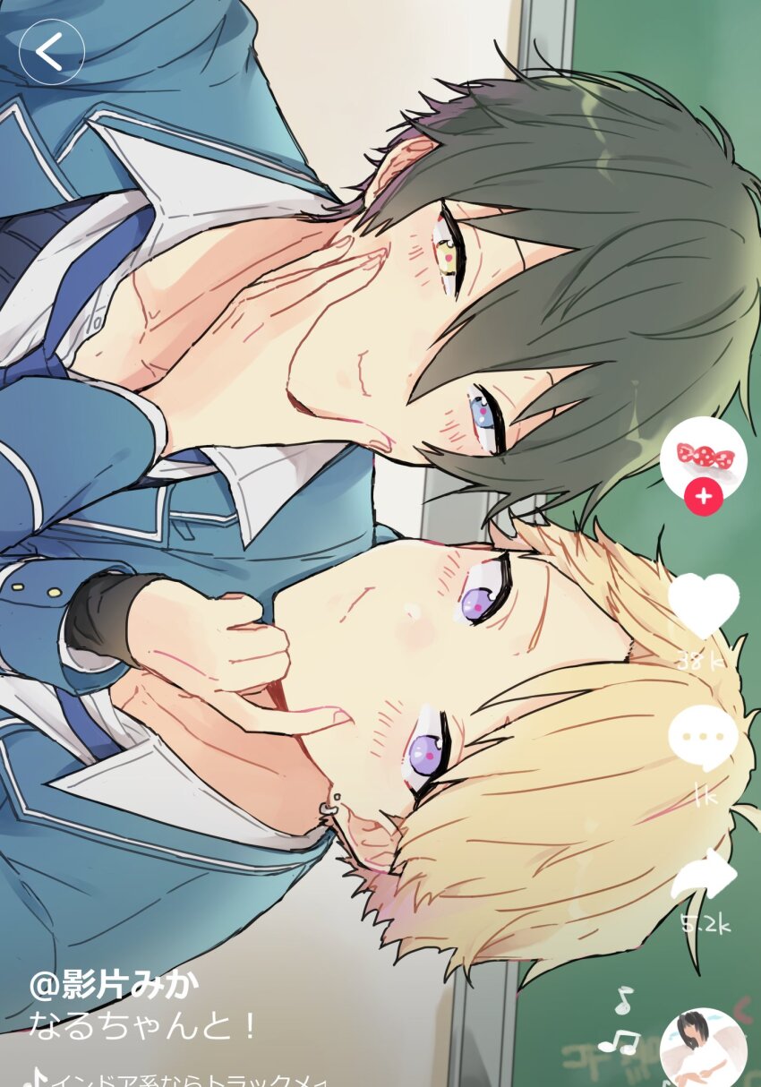 2boys blonde_hair blue_eyes blue_necktie blush chalkboard collared_shirt commentary_request earrings ensemble_stars! finger_to_another&#039;s_cheek fingernails green_hair hand_on_another&#039;s_face highres hoop_earrings index_finger_raised jewelry juma_(wolf81gizinka) kagehira_mika long_sleeves looking_at_viewer male_focus multiple_boys narukami_arashi necktie open_collar purple_eyes red_pupils school_uniform shirt short_hair stud_earrings translation_request upper_body yellow_eyes yumenosaki_school_uniform