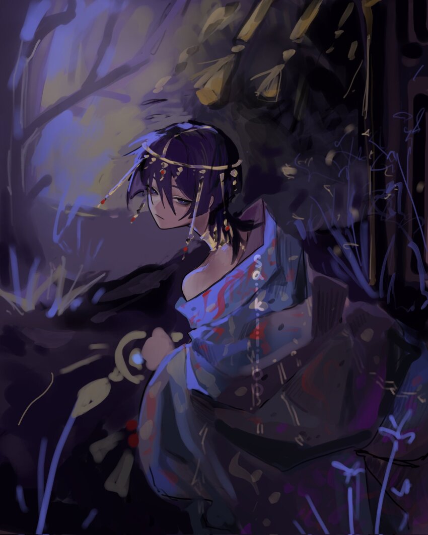 1boy alternate_costume bare_tree blunt_ends circlet closed_mouth expressionless flower from_behind gem genshin_impact gold_circlet grass highres inu11u japanese_clothes jewelry kimono looking_at_viewer looking_back male_focus neck_ring outdoors purple_eyes purple_hair purple_kimono red_gemstone scaramouche_(genshin_impact) sketch solo tassel tree tsurime watercolor_effect