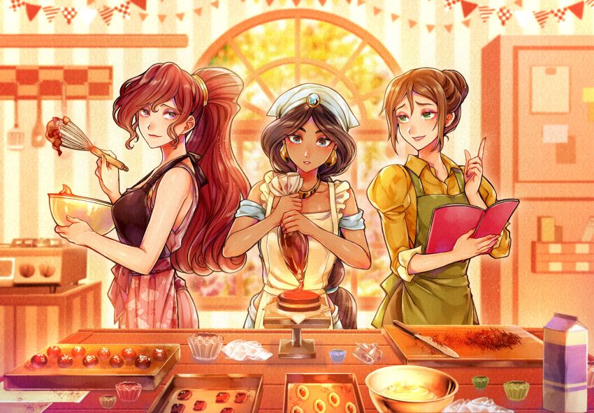 3girls absurdres aladdin_(movie) apron black_hair brown_hair company_connection cooking dessert disney dress food hercules_(1997_film) highres jane_porter jasmine_(disney) long_hair looking_at_viewer makeup megara_(disney) mizala multiple_girls ponytail purple_dress purple_eyes sleeveless smile table tarzan