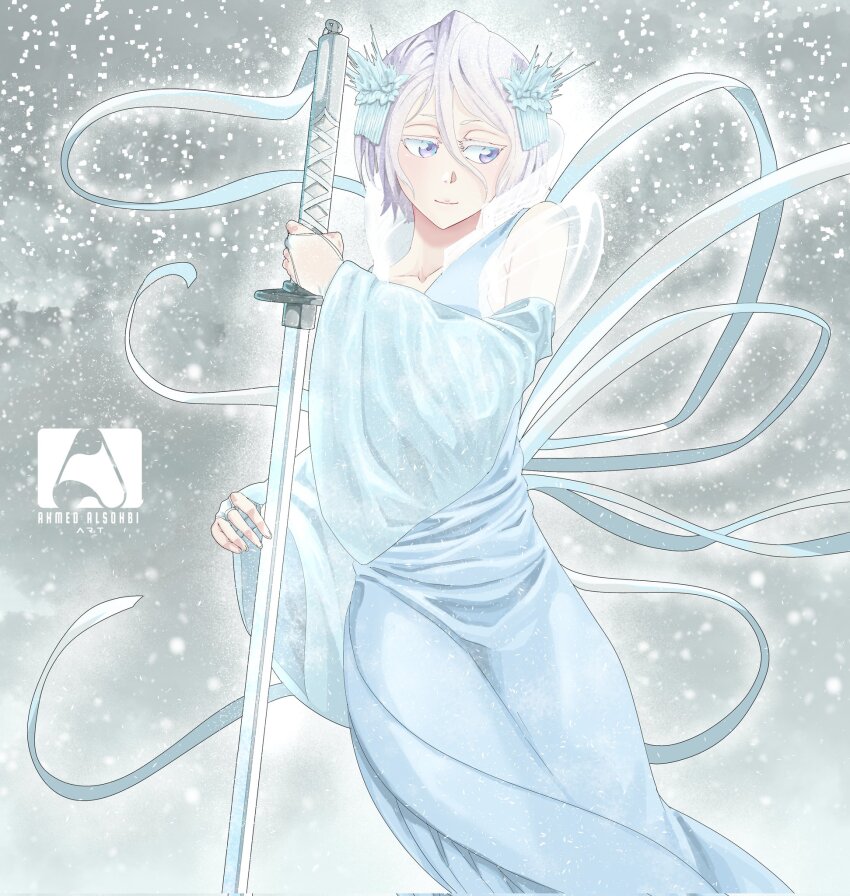 1girl ahmedalsohbi bankai bleach bleach:_sennen_kessen-hen colored_eyelashes dress hair_between_eyes hair_ornament hakka_no_togame_(bankai) highres holding holding_sword holding_weapon ice japanese_clothes kimono kuchiki_rukia long_sleeves purple_eyes short_hair smile snow solo sword weapon white_dress white_hair wide_sleeves