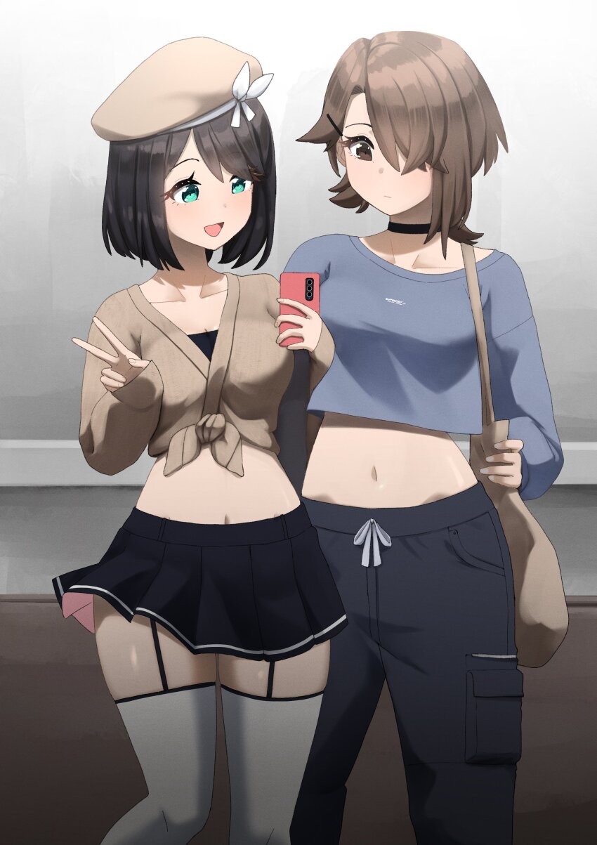 2girls absurdres alice_gunlock aqua_eyes asymmetrical_bangs bag beret black_choker black_garter_straps black_hair black_skirt blue_sweater breasts brown_cardigan brown_eyes brown_hair brown_hat cardigan cellphone choker closed_mouth collarbone crop_top crop_top_overhang cropped_sweater expressionless eyebrows_hidden_by_hair fav_faris garter_straps grey_pants grey_thighhighs hair_over_one_eye hat highres holding holding_phone kurumi_(zero0ex) long_bangs long_sleeves midriff miniskirt multiple_girls navel one_eye_covered open_mouth original pants phone pleated_skirt short_hair shoulder_bag skirt sleeves_past_wrists smartphone smile standing sweater thighhighs v zettai_ryouiki