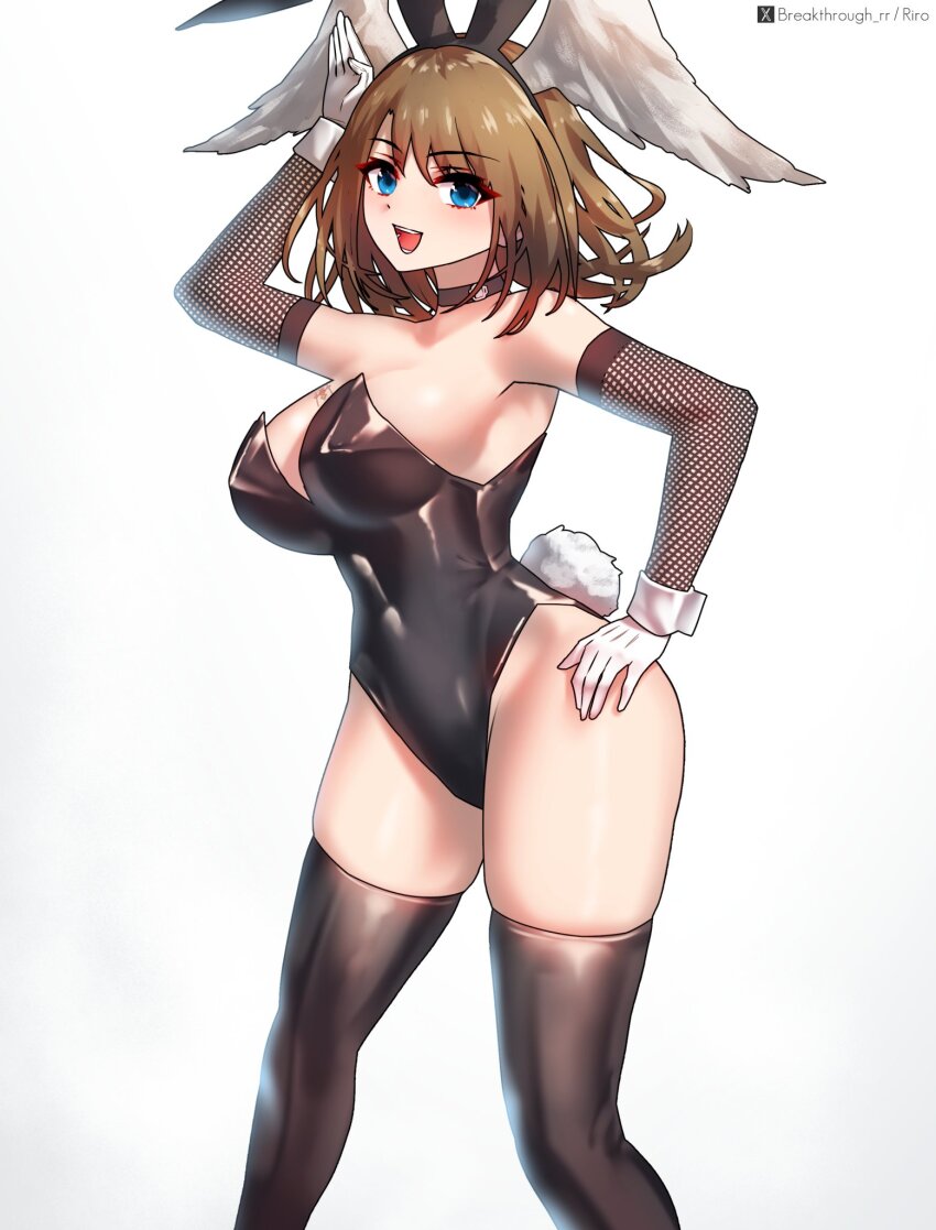 1girl animal_ears black_leotard black_thighhighs blue_eyes breast_tattoo breasts brown_hair cleavage eunie_(xenoblade) gloves hand_on_own_hip head_wings highres large_breasts leotard long_hair looking_at_viewer medium_hair playboy_bunny rabbit_ears rabbit_tail riro_(breakthrough_rr) smile solo tail tattoo thighhighs thighs white_gloves white_wings wings xenoblade_chronicles_(series) xenoblade_chronicles_3