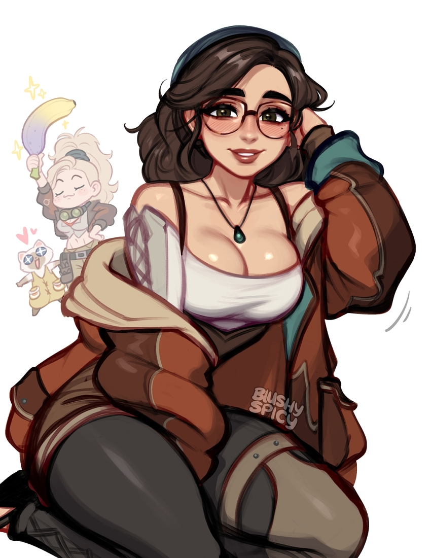 2girls alma_(monster_hunter_wilds) bandana belt black-framed_eyewear blonde_hair blue_eyes blush blushyspicy breasts brown_eyes brown_hair chibi cleavage gemma_(monster_hunter_wilds) glasses goggles goggles_around_neck green_bandana highres jacket jewelry large_breasts long_hair long_sleeves looking_at_viewer monster_hunter_(series) monster_hunter_wilds multiple_girls necklace open_clothes ponytail simple_background smile white_background