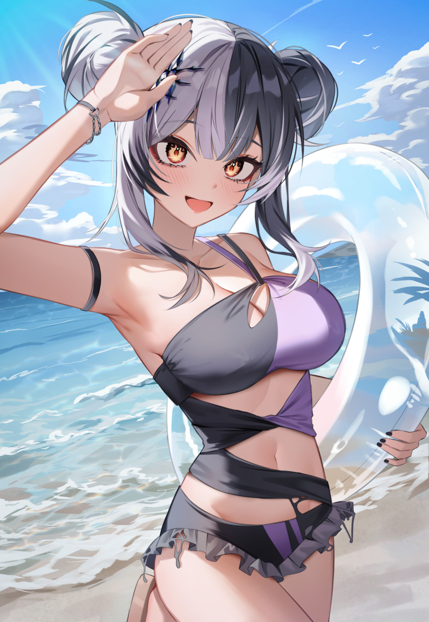 1girl absurdres alternate_costume alternate_hairstyle arm_strap arm_up armpits beach bikini black_bikini black_eyeliner black_hair black_nails blush bracelet breasts cleavage cleavage_cutout clothing_cutout commentary_request day double_bun eyeliner fingernails hair_bun highres holding holding_swim_ring hololive hololive_english innertube jewelry korean_commentary large_breasts looking_at_viewer makeup multicolored_hair nail_polish navel ocean open_mouth outdoors purple_bikini salute shiori_novella shuvi_(shuvi1125) smile solo streaked_hair swim_ring swimsuit transparent_innertube two-tone_hair virtual_youtuber white_hair yellow_eyes