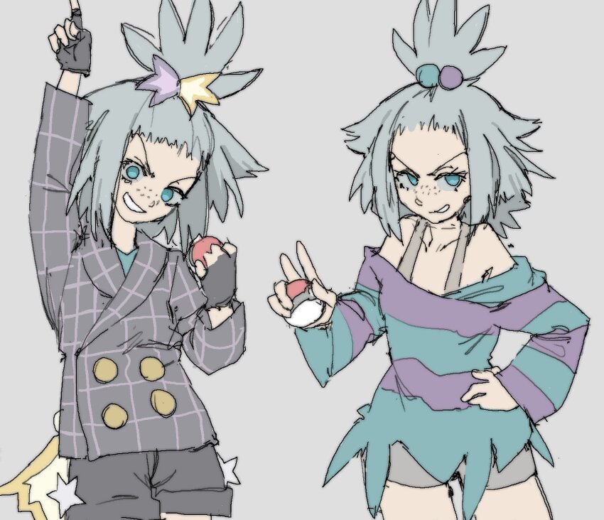 1girl arm_up blue_eyes collarbone cowboy_shot fingerless_gloves freckles gloves grey_background grey_hair hand_on_own_hip highres holding holding_poke_ball nintendo official_alternate_costume pantsu-ripper poke_ball poke_ball_(basic) pokemon pokemon_bw2 pokemon_masters_ex roxie_(pokemon) roxie_(sygna_suit)_(pokemon) sketch topknot v-shaped_eyebrows