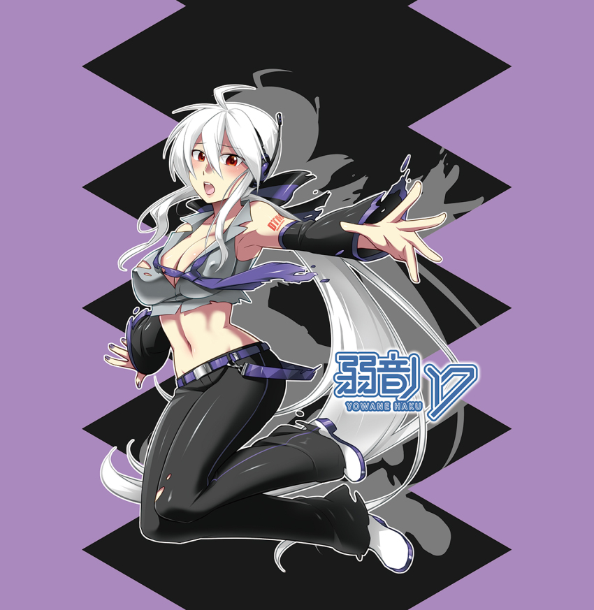 1girl blouse breasts caffein cleavage covered_erect_nipples detached_sleeves female_focus grey_shirt highres large_breasts long_hair midriff nail_polish navel necktie ponytail red_eyes shirt silver_hair solo torn_clothes very_long_hair vocaloid yowane_haku