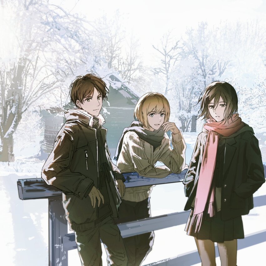 1girl 2boys absurdres armin_arlert bare_tree black_hair black_pants brown_hair cabin closed_mouth eren_yeager fence hair_between_eyes hashtag-only_commentary highres jacket long_sleeves mikasa_ackerman multiple_boys open_clothes open_jacket open_mouth outdoors pants parted_lips red_scarf scarf shingeki_no_kyojin short_hair skirt snow standing sweater swept_bangs tree winter winter_clothes yuno_11_02