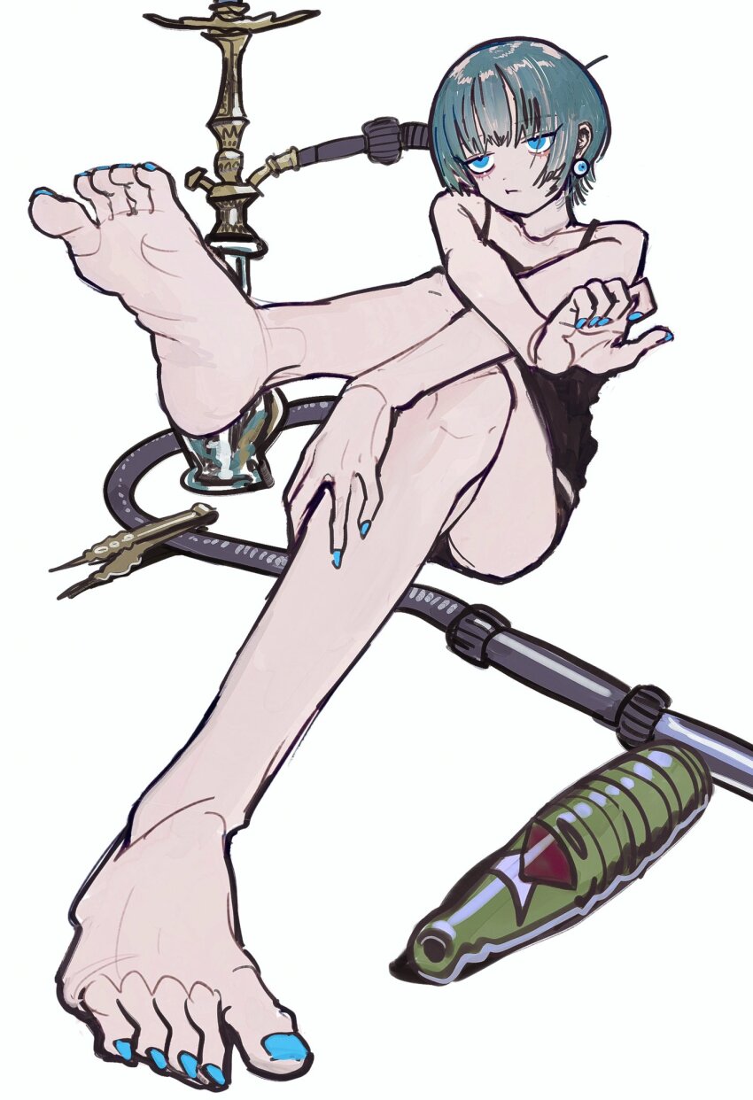 1girl aegyo_sal bad_id bad_twitter_id bare_legs bare_shoulders barefoot black_shirt black_shorts blue_eyes blue_hair blue_nails closed_mouth crossed_legs earrings feet foreshortening full_body highres hookah jewelry nail_polish original shirt short_hair shorts simple_background sitting sleeveless sleeveless_shirt soles solo toenail_polish toenails toes white_background yu_(stdio_nameraka)