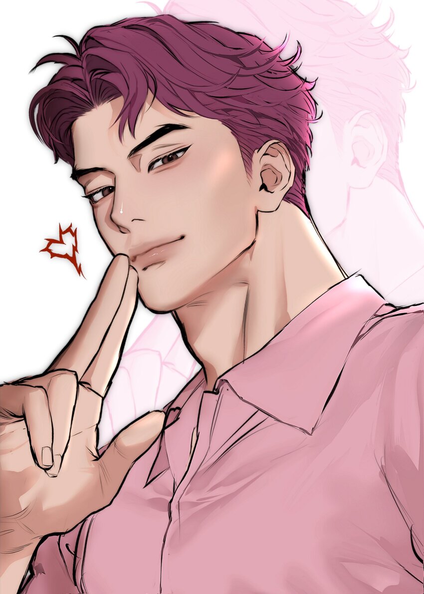 1boy abs_(kpop_demon_hunters) adam&#039;s_apple aegyo_sal brown_eyes closed_mouth finger_gun heart highres kpop_demon_hunters looking_at_viewer male_focus nose pandolasan54093 parted_bangs parted_lips pink_hair pink_shirt portrait shirt short_hair simple_background solo white_background zoom_layer