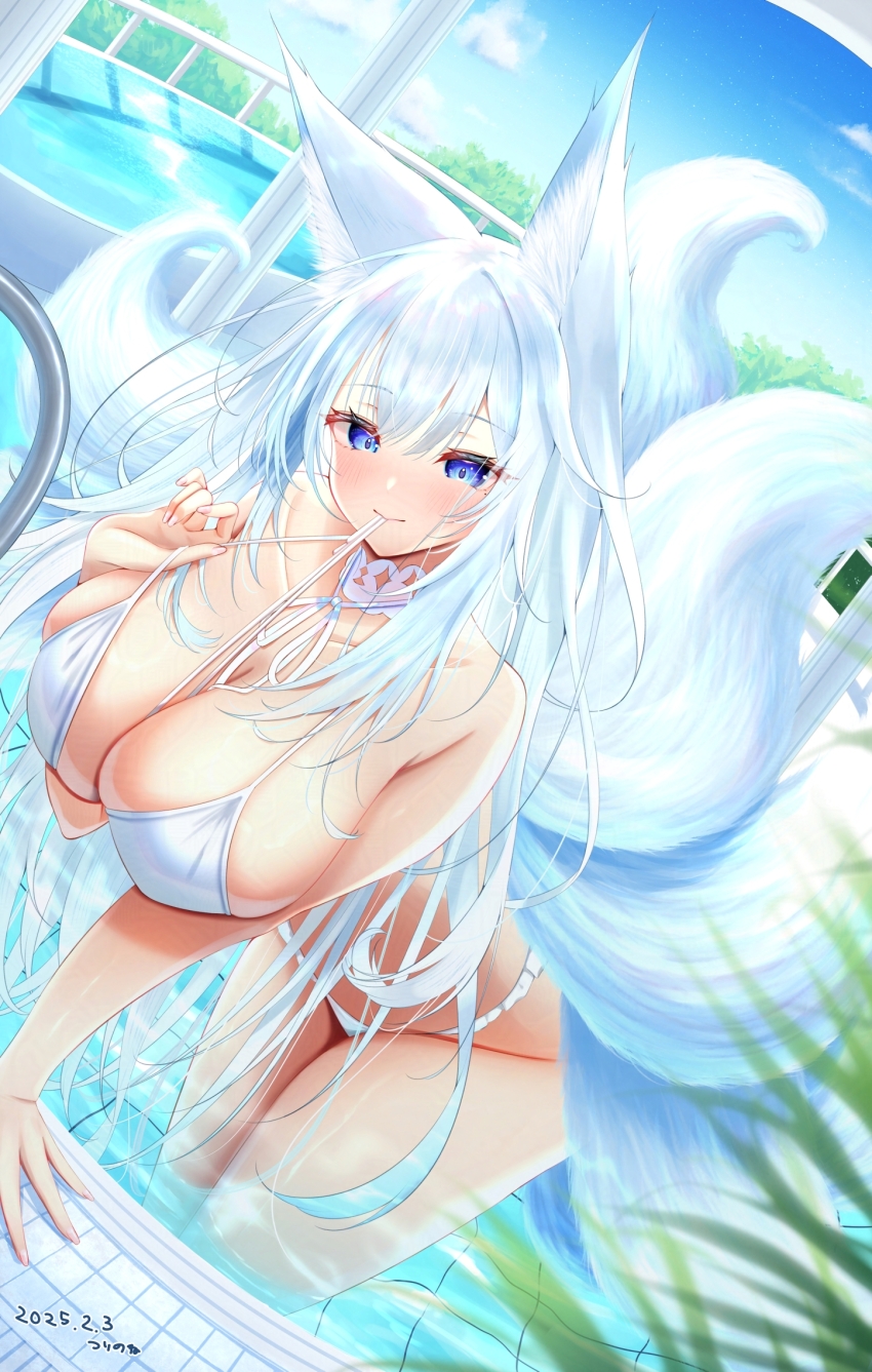 1girl animal_ear_fluff animal_ears azur_lane bare_shoulders bent_over bikini blue_eyes blue_sky blush breasts cleavage closed_mouth cloud collarbone dated day fox_ears fox_girl fox_tail hair_between_eyes highres huge_breasts kitsune kyuubi large_breasts large_tail long_hair looking_at_viewer multiple_tails official_alternate_costume outdoors poolside pulling_own_clothes shinano_(azur_lane) shinano_(dreamy_white_sands)_(azur_lane) signature sky smile solo strap_pull swimsuit tail thighs tsuri_pi very_long_hair water white_bikini white_hair white_tail
