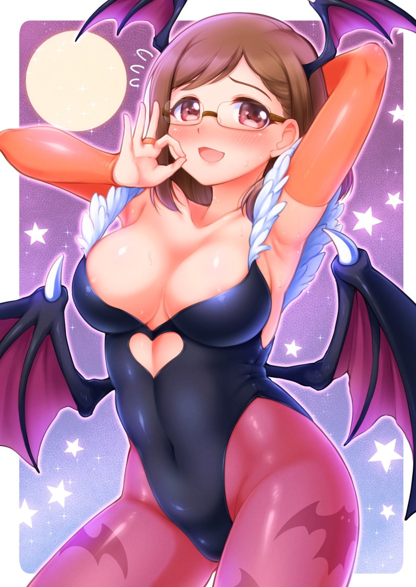 1girl blush breasts brown_hair cosplay doinakahero glasses highres large_breasts morrigan_aensland_(cosplay) open_mouth precure sakuragawa_saki solo tropical-rouge!_precure darkstalkers