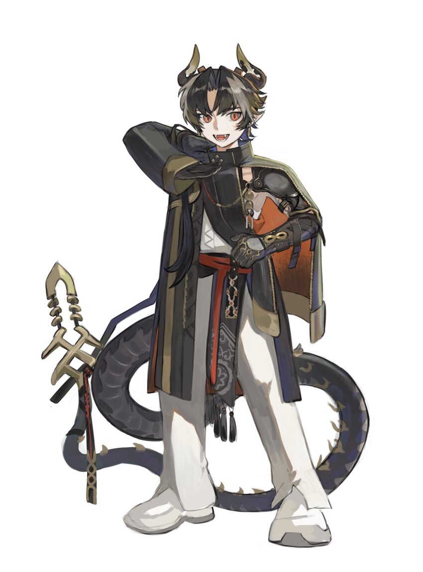 1boy absurdres aged_down arknights black_skirt brown_hair chongyue_(arknights) colored_skin commentary_request dragon_boy dragon_horns dragon_tail fangs highres horns looking_at_viewer male_focus open_mouth pants parted_bangs pointy_ears red_eyes simple_background skirt slit_pupils smile solo tail white_background white_footwear white_pants yomotobi