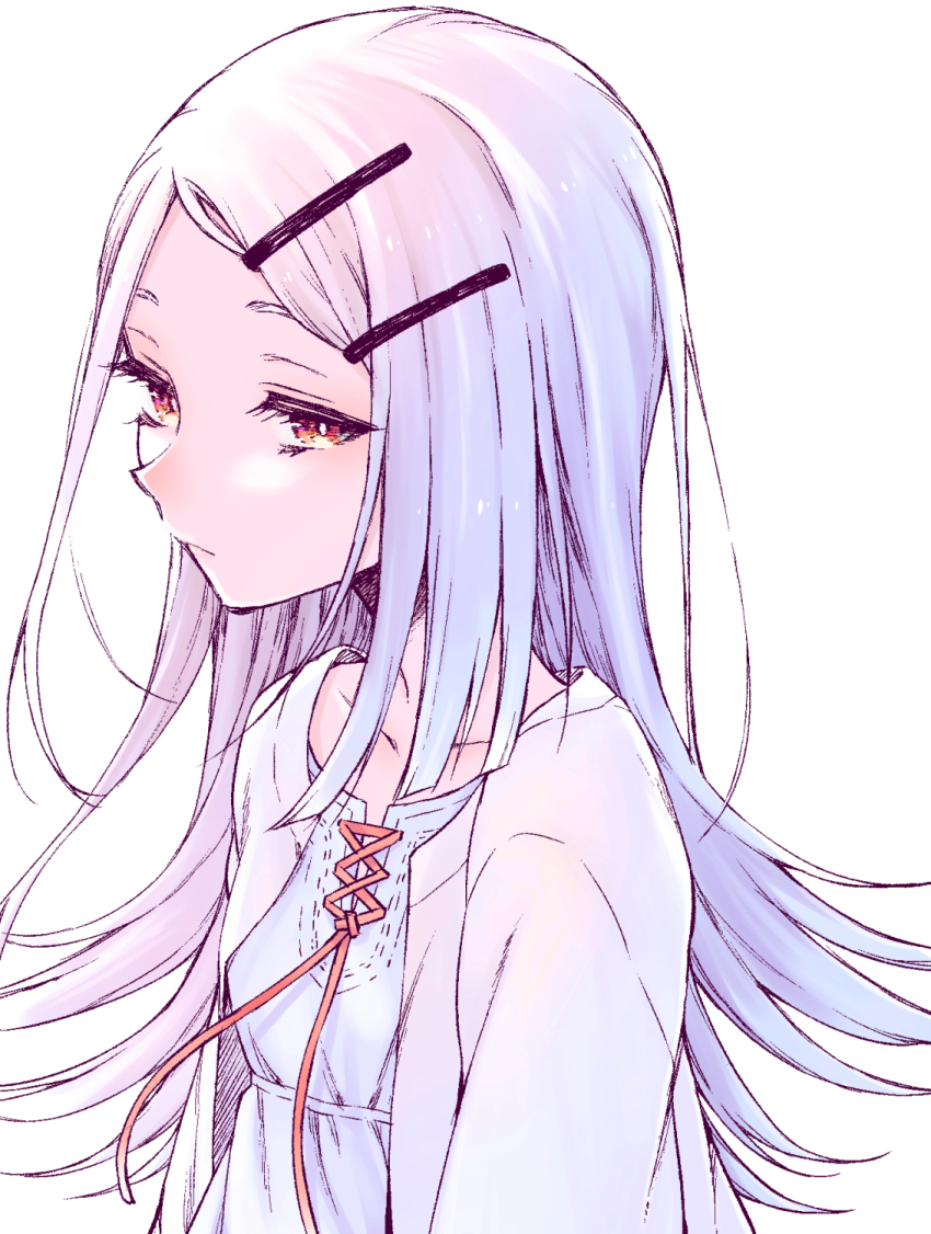 1girl commentary_request expressionless flat_chest gakuen_idolmaster haruhito_(divineshalt) highres idolmaster jacket long_hair looking_at_viewer open_clothes open_jacket orange_eyes shinosawa_hiro simple_background solo upper_body white_background white_hair