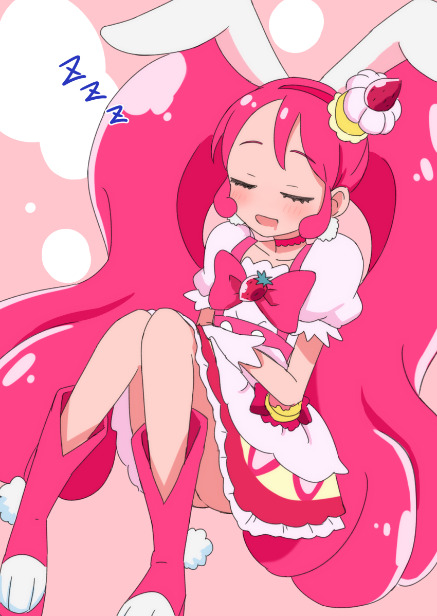 1girl absurdres blush boots bow bowtie brooch cake_hat choker closed_eyes cure_whip dress earrings gloves hairband hakuino_hakase high_heel_boots high_heels highres jewelry kirakira_precure_a_la_mode long_hair magical_girl multicolored_boots open_mouth pink_bow pink_bowtie pink_choker pink_hair pink_hairband precure puffy_short_sleeves puffy_sleeves rabbit_ears short_sleeves sleeping solo strawberry_brooch twintails two-tone_boots two-tone_dress usami_ichika very_long_hair white_gloves