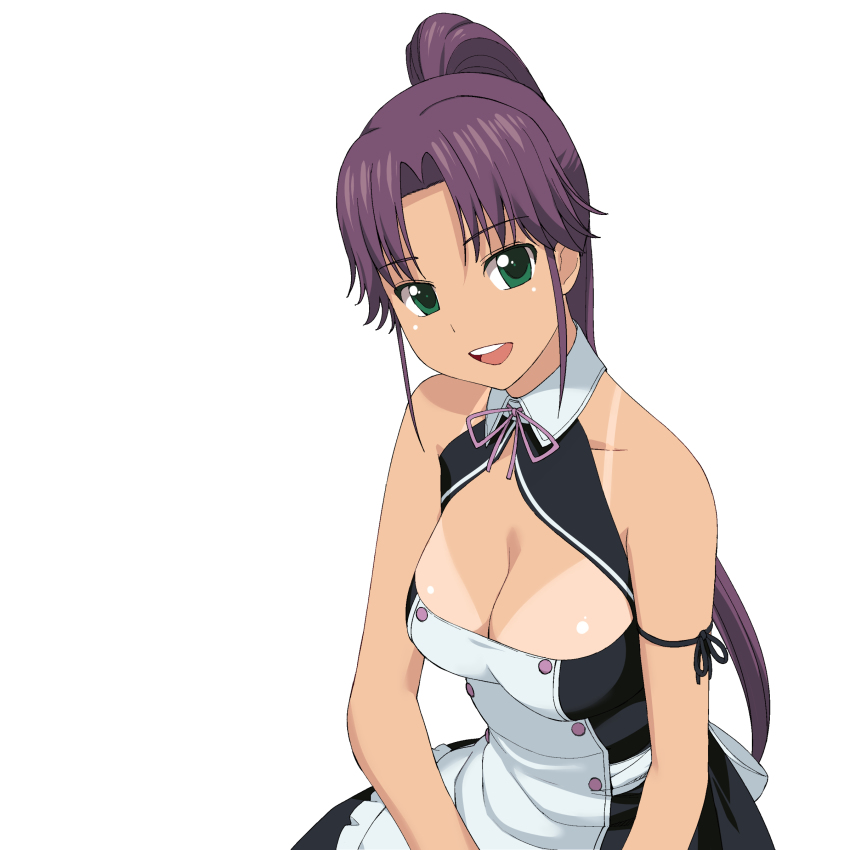 1girl :d a1_(initial-g) absurdres apron arm_ribbon asuka_(dream_c_club_zero) bare_shoulders breasts cleavage dream_c_club dream_c_club_(series) female_focus green_eyes highres long_hair open_mouth ponytail purple_hair ribbon simple_background smile solo tan tanline white_background