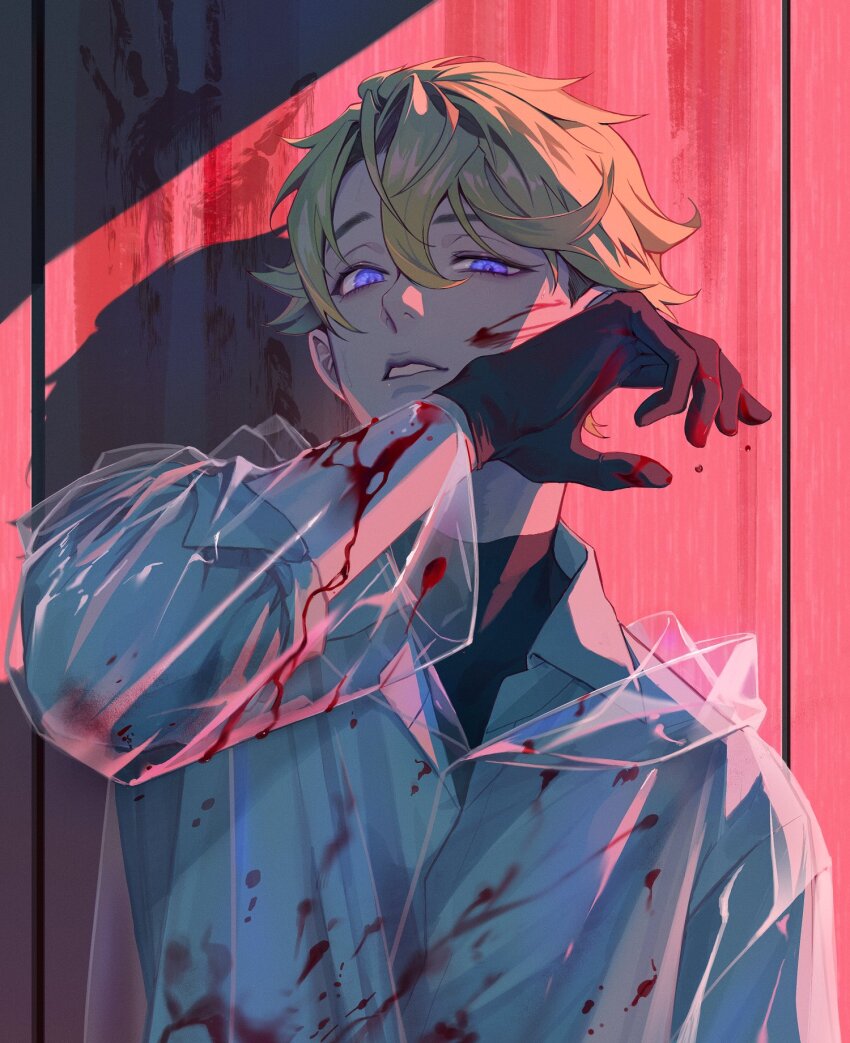 1boy arm_up black_gloves blonde_hair blood blood_on_clothes blood_on_face bloody_handprints collared_shirt commentary cutemachine gloves hair_between_eyes handprint highres jacket long_sleeves male_focus nijisanji nijisanji_en parted_lips purple_eyes see-through_clothes shirt short_hair sleeves_rolled_up solo upper_body virtual_youtuber white_shirt wiping_face yu_q._wilson