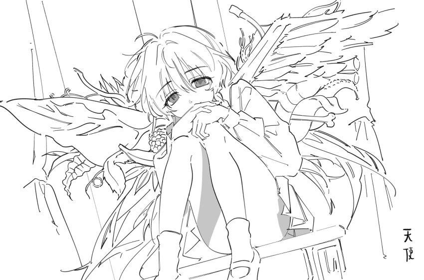 1girl angel_wings ankle_socks highres leaf_wings long_hair long_sleeves monochrome plant_wings sayonara_wo_oshiete sitting socks sugamo_mutsuki wings y235604