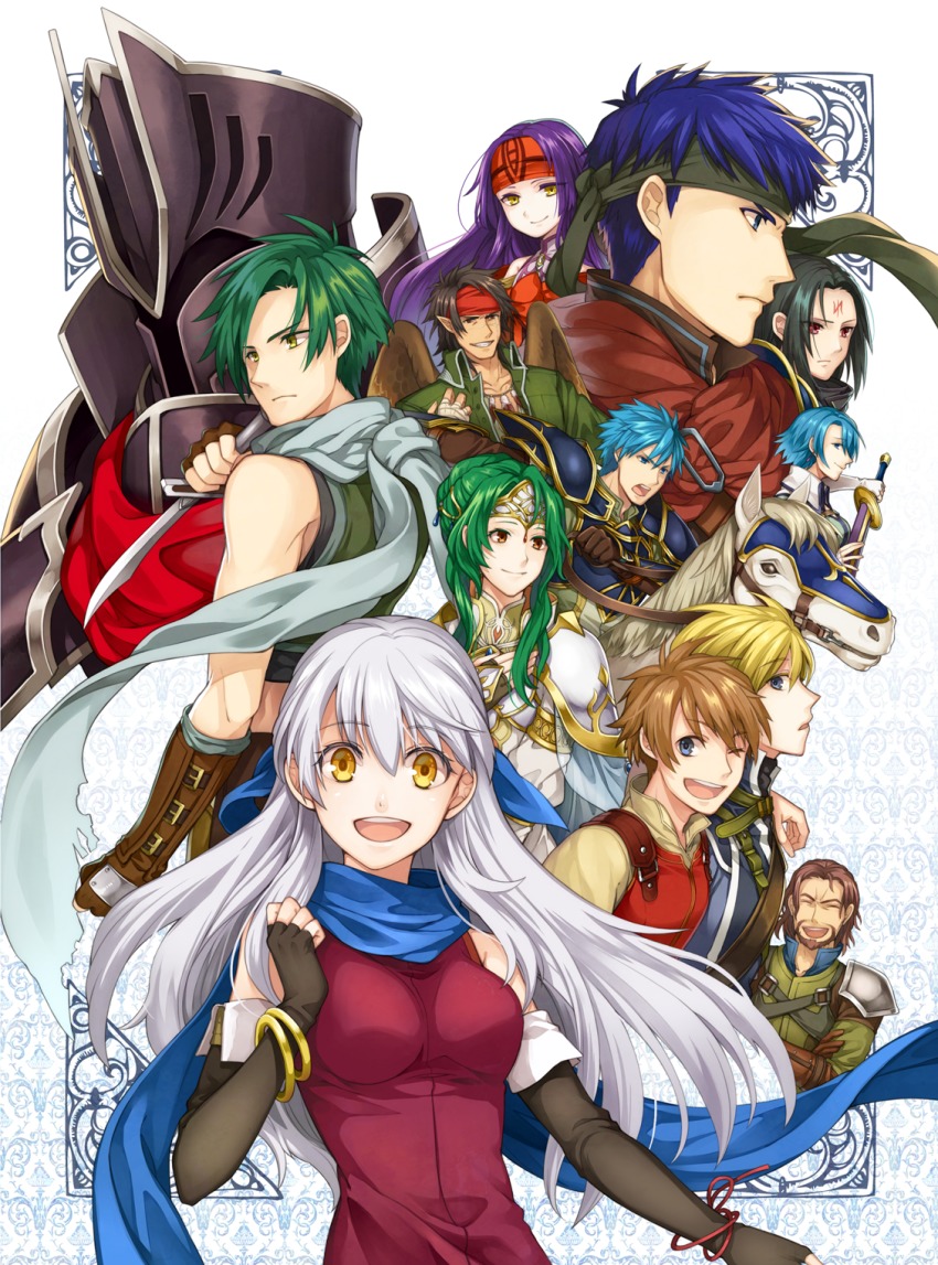 1girl 4girls 6+boys :d anniversary armor bare_shoulders black_gloves black_hair black_knight_(fire_emblem) blonde_hair blue_eyes blue_hair blue_scarf brown_eyes brown_hair cape check_commentary commentary_request dagger dress edward_(fire_emblem) elbow_gloves elincia_ridell_crimea elincia_ridell_crimea_(undaunted_queen) facial_mark fingerless_gloves fire_emblem fire_emblem:_radiant_dawn full_armor geoffrey_(fire_emblem) gloves green_hair hair_over_one_eye hair_ribbon half_updo headband helmet highres horse jewelry knife leonardo_(fire_emblem) long_hair lucia_(fire_emblem) micaiah_(fire_emblem) multiple_boys multiple_girls nintendo nolan_(fire_emblem) open_mouth pointy_ears purple_hair red_eyes ribbon robe sanaki_kirsch_altina scarf silver_hair sleeveless sleeveless_dress smile solo_focus soren_(fire_emblem) sothe_(fire_emblem) tibarn_(fire_emblem) weapon wings yellow_eyes yoshino_wataru