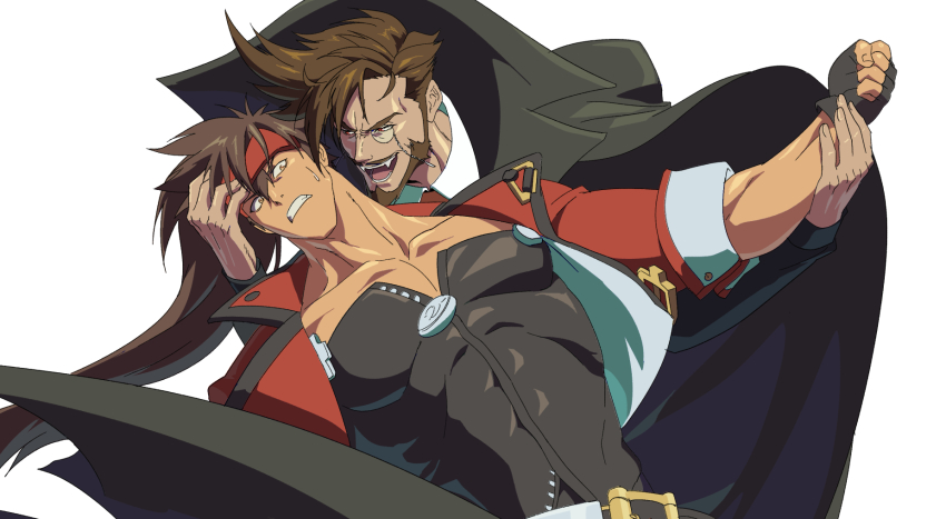 2boys abs ashensol bara beard brown_hair dark-skinned_male dark_skin facial_hair full_beard guilty_gear highres imminent_bite large_pectorals male_focus mature_male multiple_boys pectoral_cleavage pectorals short_hair slayer_(guilty_gear) sol_badguy spiked_hair upper_body vampire yaoi