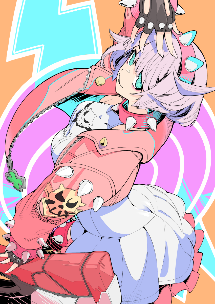 1girl absurdres aqua_eyes boots choker colorful dress dynamic_pose elphelt_valentine fingerless_gloves from_above gloves guilty_gear guilty_gear_strive hand_up highres jacket leg_armor looking_at_viewer patterned_background pink_hair pink_jacket red_boots short_hair sleeveless sleeveless_dress smile solo spiked_choker spiked_headband spikes tetsu_booya white_dress