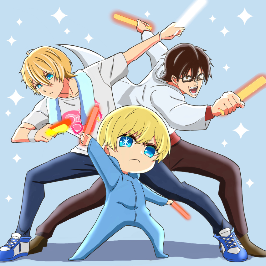 2boys absurdres amamiya_gorou black-framed_eyewear blonde_hair blue_eyes blue_footwear brown_footwear commentary english_commentary glasses glowstick highres holding holding_glowstick hoshino_aquamarine looking_at_viewer multiple_boys oshi_no_ko sakata_s2023 shirt shoes short_hair sneakers star-shaped_pupils star_(symbol) symbol-shaped_pupils time_paradox towel towel_around_neck white_shirt wotagei