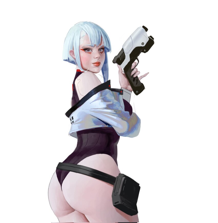 1girl ass bag bangku_an cyberpunk_(series) cyberpunk_edgerunners eyeliner gun handgun highres jacket leotard lipstick lucy_(cyberpunk) makeup pistol weapon white_hair