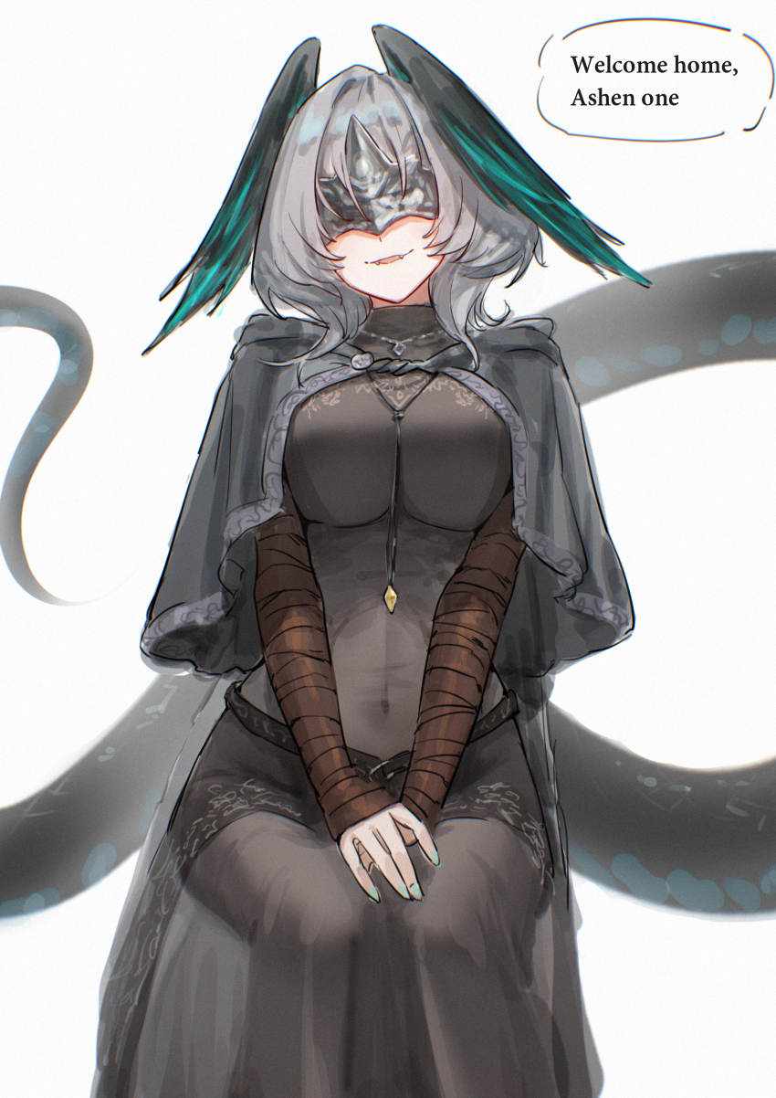 1girl absurdres arknights black_capelet black_dress black_skirt breasts capelet cosplay covered_eyes covered_navel dark_souls_(series) dark_souls_iii dress english_text eye_mask facing_viewer fangs feathered_wings fire_keeper fire_keeper_(cosplay) grey_hair head_wings highres ho&#039;olheyak_(arknights) jewelry long_tail mask medium_hair necklace parted_lips simple_background sitting skirt snake_tail solo speech_bubble tail uof white_background wings