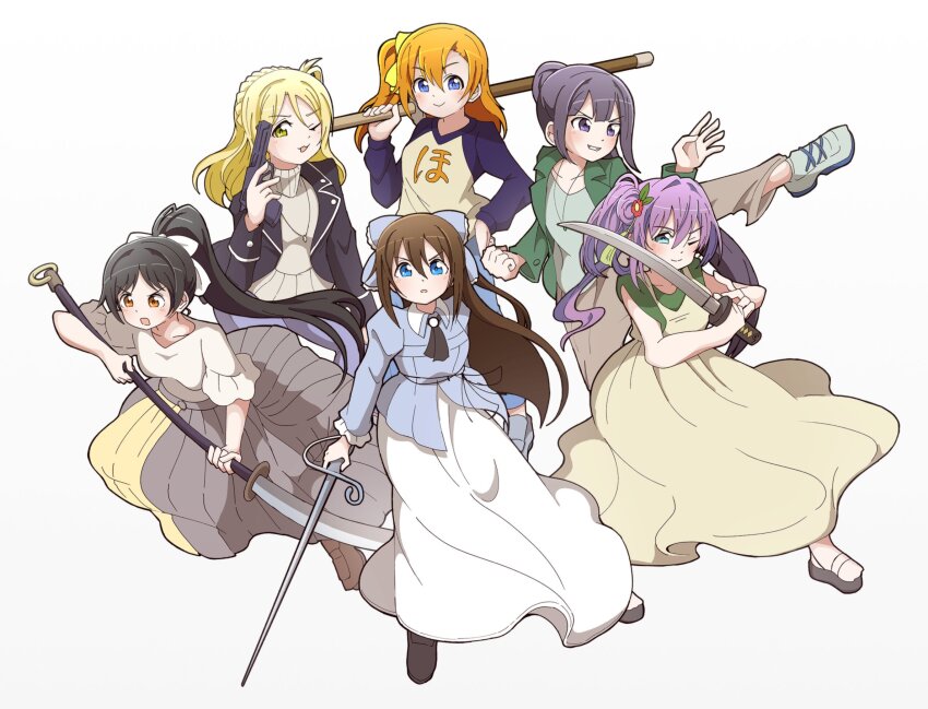 3nu_m 6+girls :o ;) ;3 ;d black_hair black_jacket black_necktie black_sandals black_shoes blazer blonde_hair blue_bow blue_eyes blue_shirt blue_sleeves blush bow braid breasts brown_hair brown_shoes character_request closed_mouth clothes_writing collarbone collared_shirt commentary_request crown_braid dress flower full_body green_jacket green_shirt grey_skirt grey_sweater gun hair_bow hair_flower hair_ornament hair_rings half_updo handgun hazuki_ren highres holding holding_gun holding_sword holding_weapon jacket jewelry kicking kosaka_honoka link!_like!_love_live! long_hair long_skirt long_sleeves looking_at_viewer love_live! love_live!_nijigasaki_high_school_idol_club love_live!_school_idol_project love_live!_sunshine!! love_live!_superstar!! medium_breasts medium_hair multiple_girls necklace necktie official_alternate_costume ohara_mari one_eye_closed one_side_up open_clothes open_jacket open_mouth orange_eyes orange_hair osaka_shizuku otomune_kozue otomune_kozue_(osanpo_nikki) pinafore_dress pleated_skirt purple_eyes purple_hair raglan_sleeves rapier red_flower sandals shirt shoes short_sleeves simple_background single_hair_ring skirt sleeveless sleeveless_dress sleeveless_shirt smile sneakers split_mouth sweater sword tassel tassel_hair_ornament turtleneck turtleneck_sweater v-shaped_eyebrows very_long_hair weapon white_background white_bow white_shirt white_skirt wooden_sword yellow_dress yellow_eyes