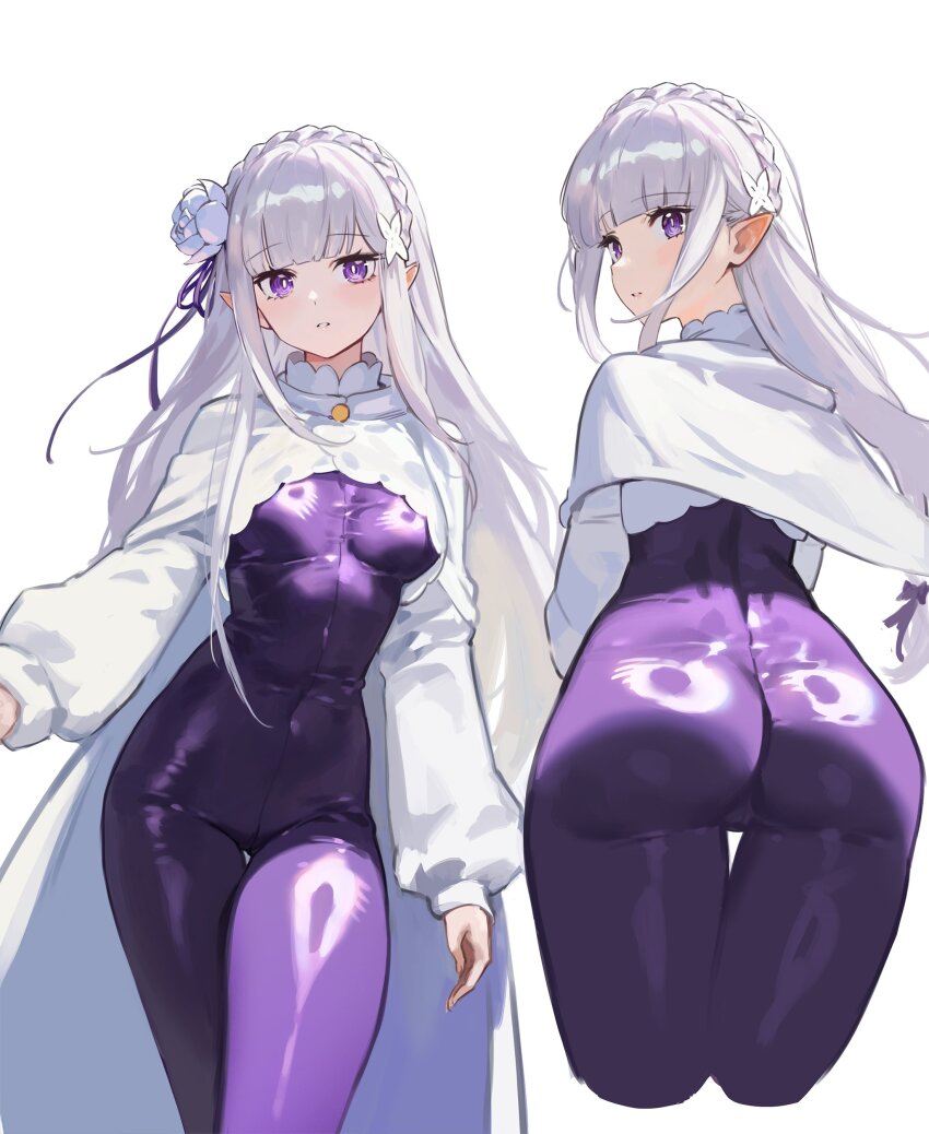 1girl absurdres ass bodysuit braid breasts cape covered_navel cropped_legs crown_braid elf emilia_(re:zero) flower foolish_potato from_behind hair_flower hair_ornament hair_ribbon highres long_hair looking_at_viewer looking_back medium_breasts multiple_views official_alternate_costume parted_lips pointy_ears purple_bodysuit purple_eyes purple_ribbon re:zero_kara_hajimeru_isekai_seikatsu ribbon rose shrug_(clothing) simple_background solo thigh_gap white_background white_cape white_flower white_hair white_rose white_shrug x_hair_ornament