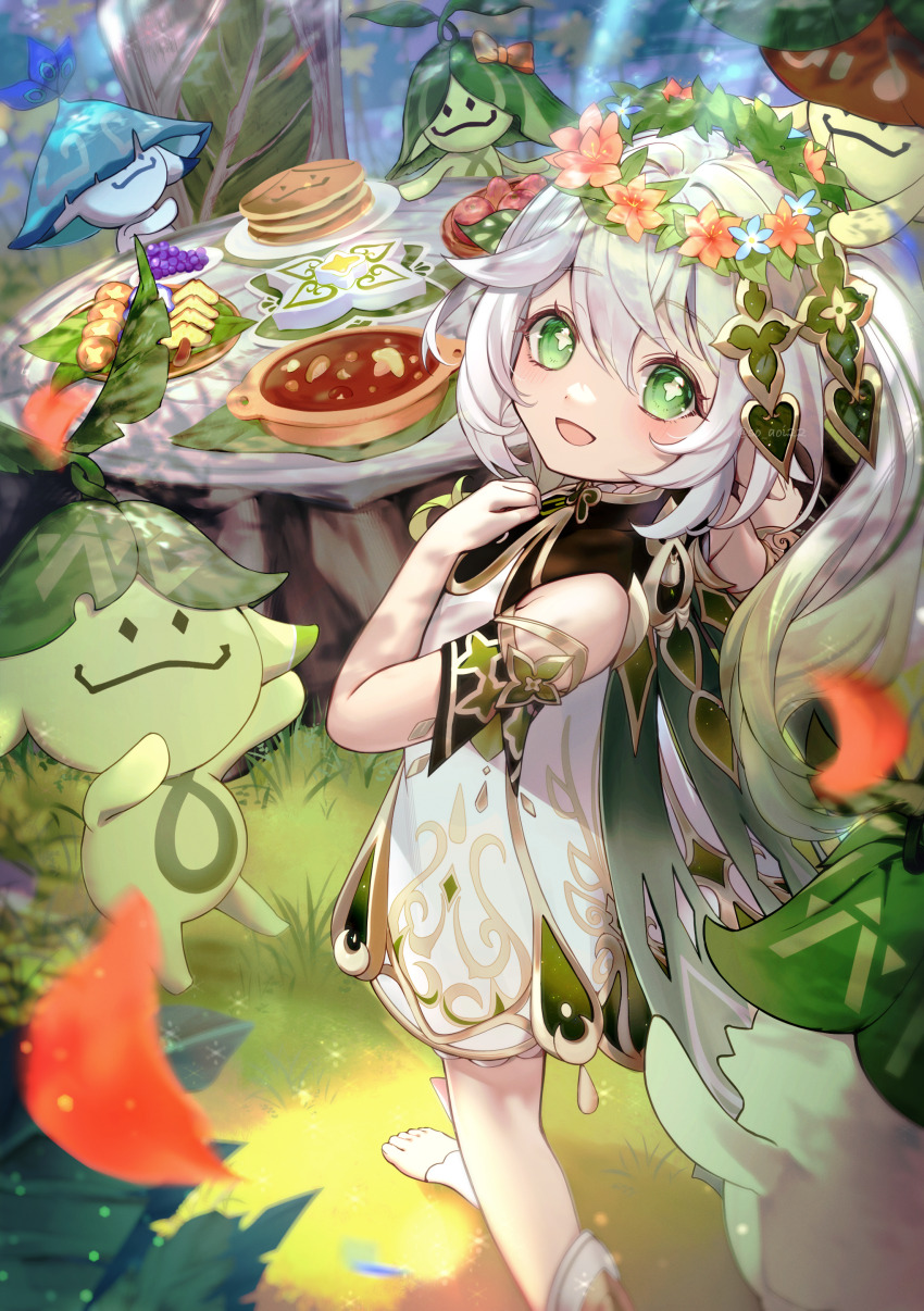 1girl 4others :d absurdres aranara_(genshin_impact) asahi_(vjss4548) bloomers blush cross-shaped_pupils dress flower_wreath food genshin_impact gradient_hair grass green_eyes hair_between_eyes hair_ornament highres leaf_hair_ornament long_hair looking_at_viewer multicolored_hair multiple_others nahida_(genshin_impact) open_mouth pointy_ears side_ponytail sidelocks sleeveless smile stirrup_footwear stirrup_legwear symbol-shaped_pupils table toeless_footwear toeless_legwear underwear white_bloomers white_dress white_hair