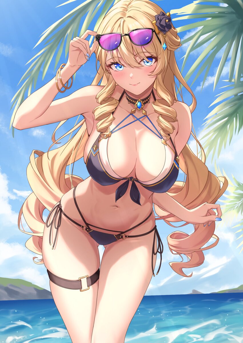 1girl absurdres alternate_costume bikini blonde_hair blue_bikini blue_eyes blue_nails blue_sky blush bracelet breasts cleavage commentary_request day drill_hair flower gem genshin_impact gold_bracelet hair_flower hair_ornament highres jewelry large_breasts leg_wrap light_smile long_hair looking_at_viewer md5_mismatch navel navia_(genshin_impact) ocean outdoors resolution_mismatch side-tie_bikini_bottom sky solo source_smaller stomach string_bikini swimsuit twin_drills vic_1223 white_background