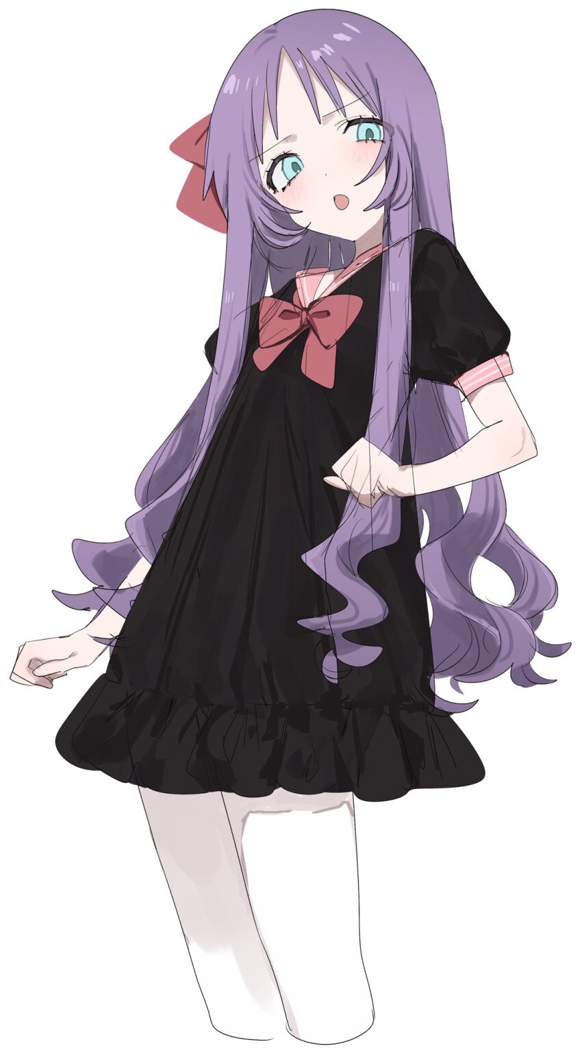 1girl :o aged_down black_dress blue_eyes blush bow bowtie clenched_hands collared_dress commentary_request cropped_legs dress eurasia_(wtp09ptw14) flat_chest francoise_(eurasia) hair_bow highres long_hair official_alternate_eye_color open_mouth original pink_sailor_collar puffy_short_sleeves puffy_sleeves purple_hair red_bow sailor_collar short_sleeves solo