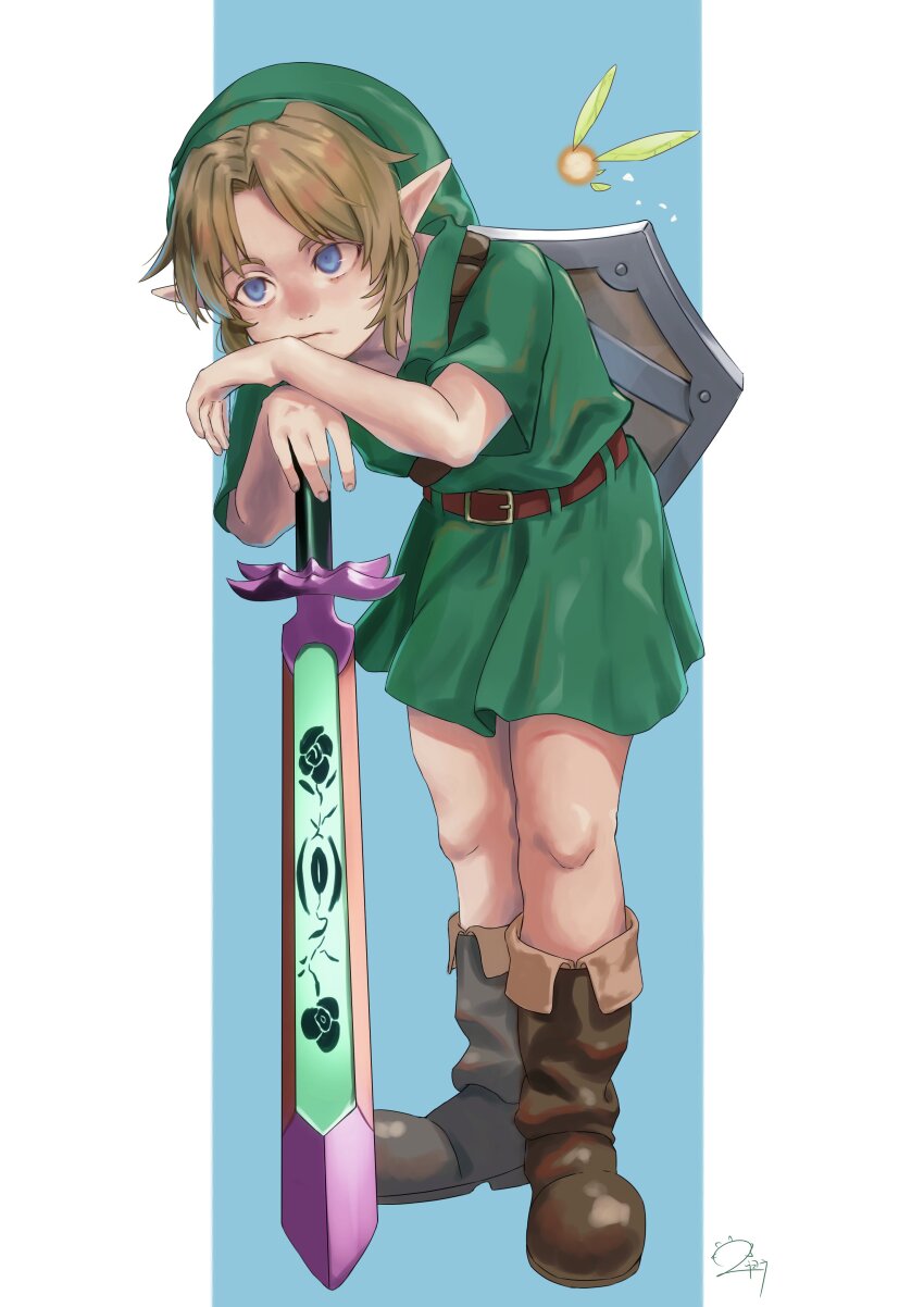 1boy 1girl absurdres belt blonde_hair blue_eyes boots brown_belt brown_footwear fairy great_fairy&#039;s_sword green_tunic highres leather leather_belt leather_boots link male_focus nintendo pointy_ears shield shield_on_back sword tatl the_legend_of_zelda the_legend_of_zelda:_majora&#039;s_mask tunic weapon young_link yuuyou_(link1357zelda)